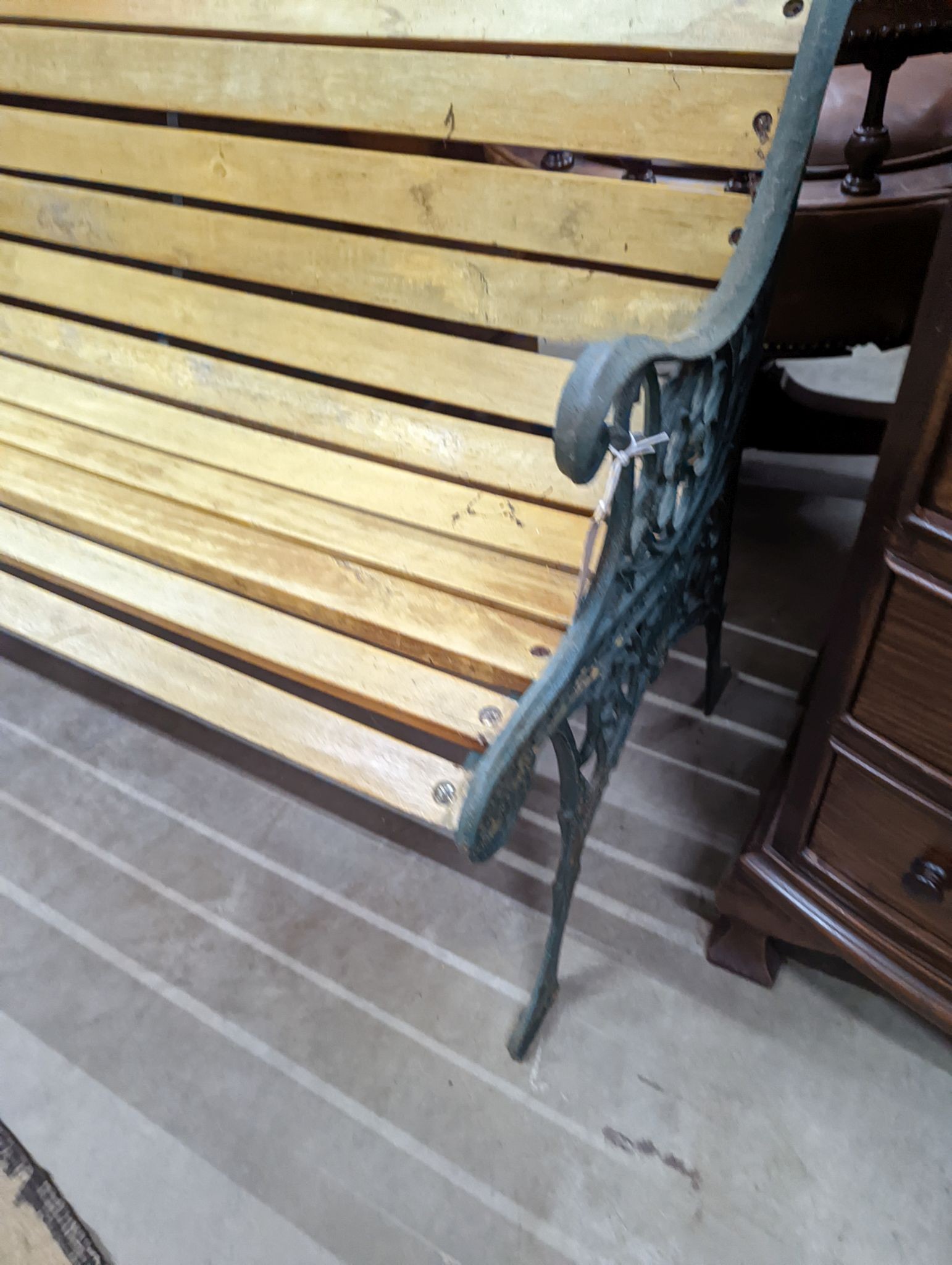 A Victorian style painted aluminium slatted garden bench, length 127cm, depth 60cm, height 70cm